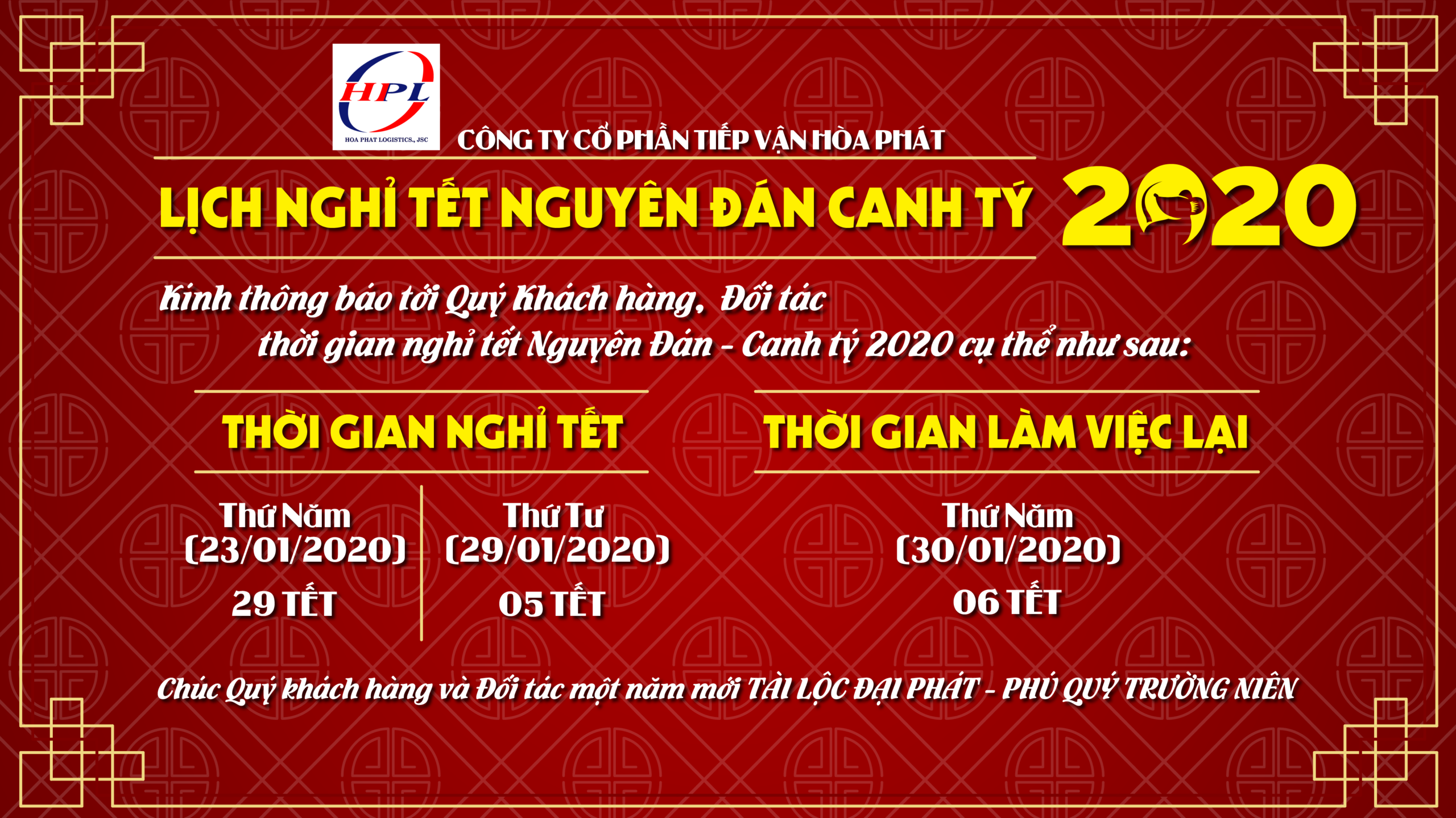Thông báo nghỉ tết nguyên đán Canh Tý – 2020